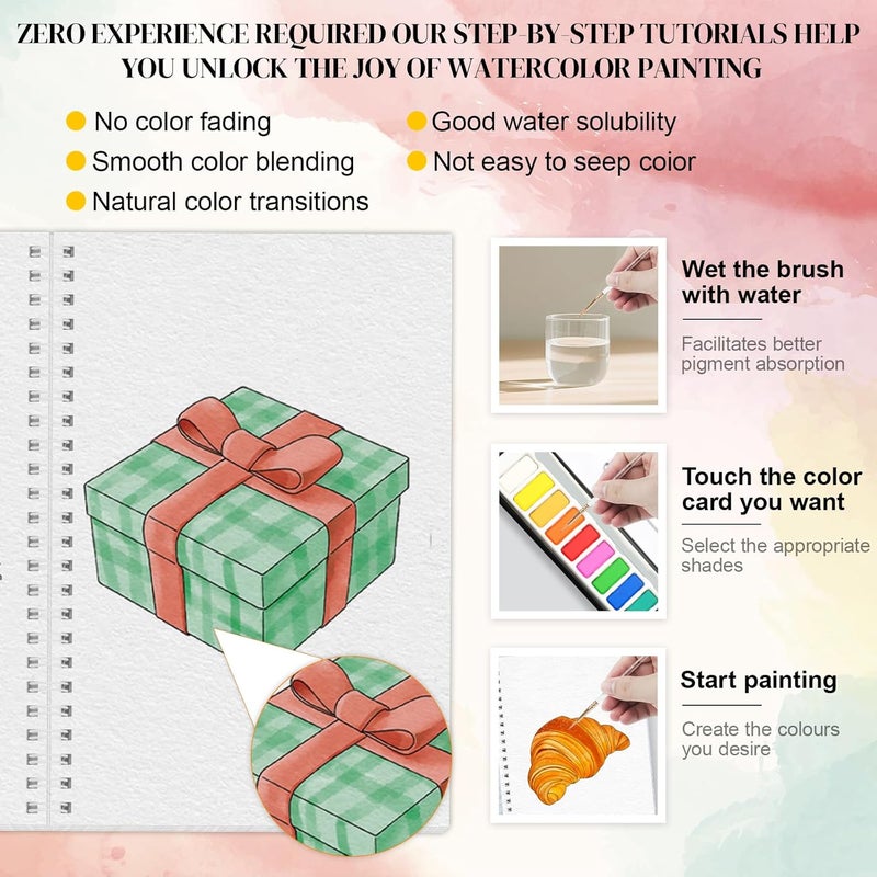 apolyone Watercolor Workbooks- 2 Pack Beginner Workbooks with 24 Coloring Book Pages - 12 Color blocks and a Brush - Watercolor Paper 300gsm/140lb - Gift for Women, Adults, Beginners (Winter & Christmas) - Image 5